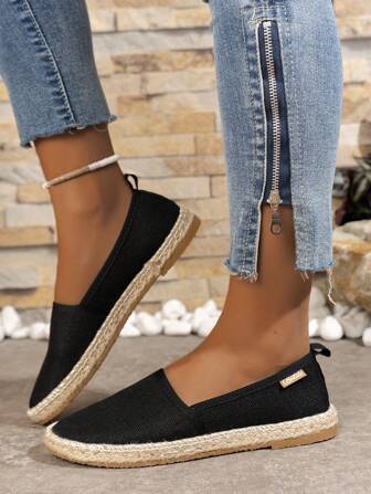 Fall/Winter New Women's Casual Linen Rope Woven Seamed Black Fisherman Shoes, Comfortable Retro Solid Color Flat Shoes