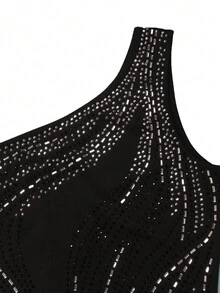 Women's Sleeveless Asymmetrical Neck Split Hem Stretchy Evening Dress With Rhinestone Embellishment - Black - View 4