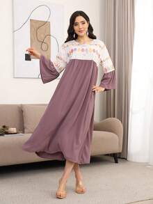 ASBB Vestido elegante JALABIYA para mujer árabe con bordado de cuentas pesadas, cuello redondo y patchwork, atuendo casual para vacaciones y fiestas de otoño 2026 - Marrón Chocolate - Ver 7