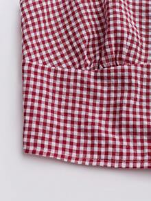 SHEIN Unity Conjunto Casual de Dois Peças: Top Camisole Xadrez Impresso Com Detalhes de Renda e Shorts de Cintura Elástica com Estampa Xadrez Impressa - Vermelho - Visão 6