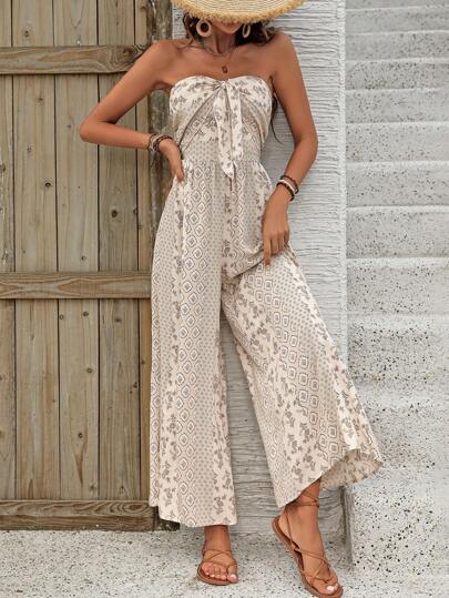 SHEIN LUNE Fashionable Printed Strapless Jumpsuit For Women's Vacation Outfit