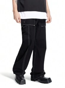 Manfinity Hypemode Men's Loose Straight-Leg Jeans With Contrast Stitching And 3D Cut, Black - Black - View 5