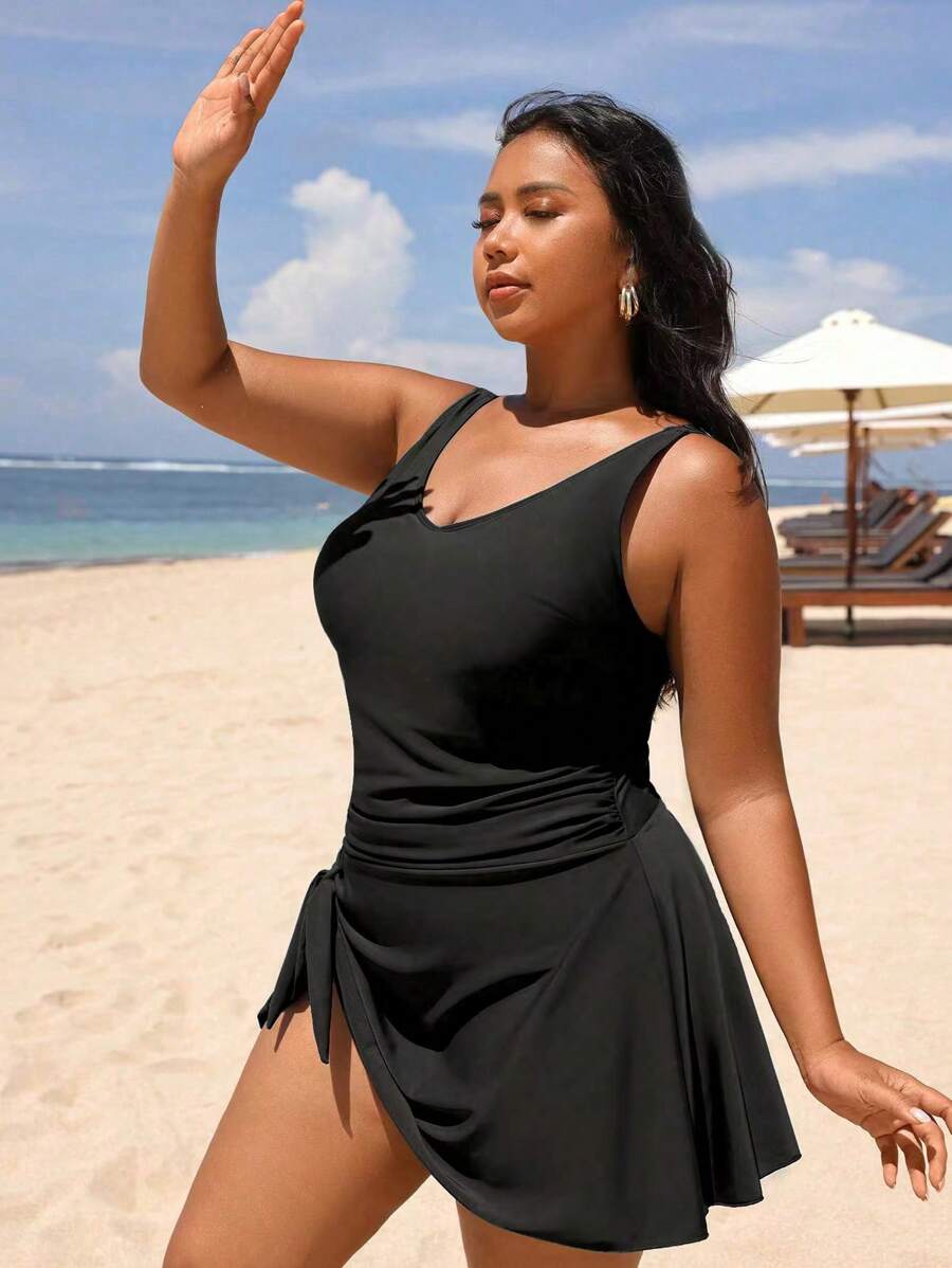 Swim Lushoire Plus Size Women's Plain & Simple Daily One-Piece Swimsuit Summer - Black - View 1