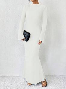 Almamuse Women's Summer Solid Color Slim Fit Long Sleeve Flared Dress Maxi Women Outfit Fall Cloth For Women - White - View 5