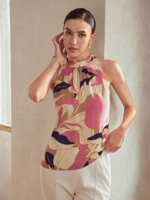 MOTF Classy PLANTS PRINT FOLD PLEATED SLEEVELESS BLOUSE,CHIC BLOUSE - Multicolor - View 6