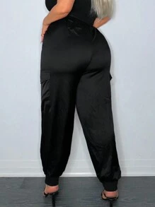 SHEIN SXY Spring And Summer Satin Drawstring Waist Black Casual Plus Women's Trousers
