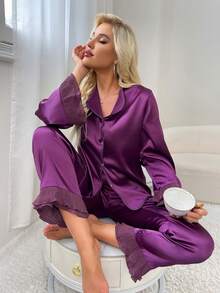 Juego de pijama de lujo y elegante de encaje para mujeres de 2 piezas - Rojo violeta - Ver 4