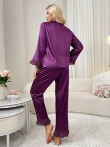 Juego de pijama de lujo y elegante de encaje para mujeres de 2 piezas - Rojo violeta - Ver 2