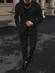 Manfinity Mode Men's Solid Color Buttoned Suit Jacket And Pocketed Dress Pants Business Suit Set - Black - View 8