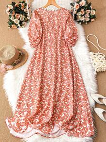 Breezaya Vestido maxi holgado de mujer con mangas de farol, estampado de plantas, cinturón y corte recto, atuendo vacacional para mujeres - Albaricoque - Ver 2