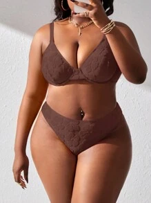 SHEIN Swim Curve Plus Size Summer Beach Plain Jacquard Brown Bathing Suit Bikini Set - Brown - View 1