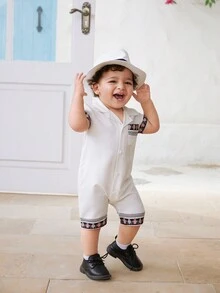 SHEIN 1入組嬰兒男童圖案休閒時尚折領爬服 - 白色 - 查看 6