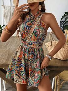 Breezaya Ladies' Paisley Print Criss-Cross Halter Jumpsuit, Holiday Style