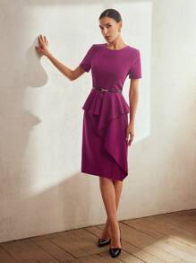 MOTF PREMIUM SOLID PEPLUM WAIST DRESS WITHOUT BELT - Purple - View 8