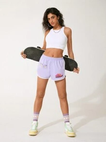 GAWX 艺术家弹性腰部夏季休闲短裤，带有字母和卡通图案，适合夏季、假日、度假、海滩、节日、伊比沙岛装扮、西方服饰 - 紫色 - 查看 8