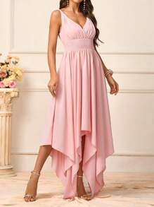 SHEIN Belle 女士浪漫粉色柔软亲肤编织面料扭纹肩带 V 领腰结前结二次加工弹性可调节下摆不对称水母褶边背部 V 型背结橄榄色适合婚礼季节母亲节婚礼活动毕业季场合正式伴娘礼服