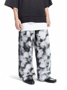 Manfinity Roghcode 男士黑色不对称扎染云朵图案阔腿宽松牛仔裤 - 黑與白 - 查看 3