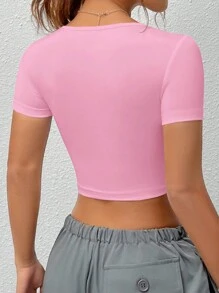 SHEIN EZwear Camiseta rosa básica sin costuras con escote cuadrado y mangas cortas para mujer en verano