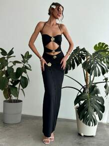 Aloruh Vestido largo sin mangas y con recortes sexys para primavera/verano, decorado con hebillas de metal y diseño calado, tirantes profundos en V y espalda descubierta - Negro - Ver 3