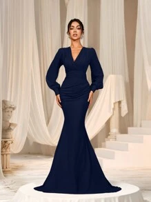 Faeriesty Women Elegant Elegant Cross-Over V-Neck Lantern Sleeve Mermaid Hem Dress - Sophisticated Timeless Design For Spring/Summer Weddings, Galas, Red Carpet Bridesmaid Dress,Summer Holiday Outfits - Navy Blue - View 5