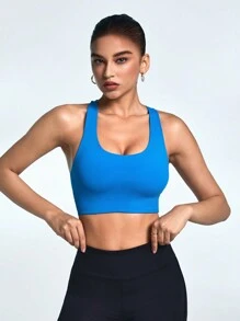 SHEIN Sports Women's Solid Color Back Cross Cutout Crop Tank Top For Sports - Blue - View 6