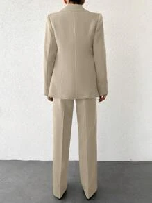 EURMUSE 女士純色簡約日常長袖長褲套裝 - 米色 - 查看 2