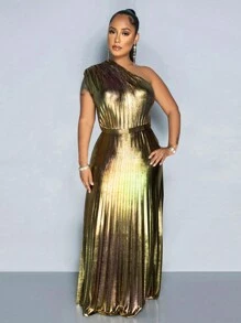 Women Solid Color Asymmetrical Collar Pleated Dress - Gold - View 3