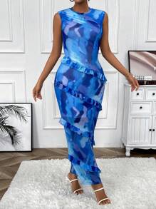 Zolique Women's Tie-Dye Printed Round Neck Sleeveless Dress With Side Slits, Summer - Khaki - View 4