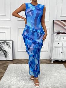 Zolique Women's Tie-Dye Printed Round Neck Sleeveless Dress With Side Slits, Summer - Khaki - View 5