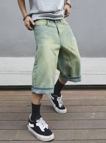 Manfinity Roghcode Men's Loose Fit Wide Leg Denim Capri Pants With Pockets - Blue - View 4