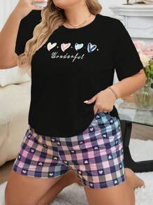 Plus Size Women's Summer Casual Multicolor Heart Print Short Sleeve T-Shirt And Plaid Shorts Pajamas Set - Black - View 3