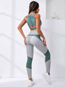 Easithlete 2pcs Softness Fitness Yoga Suit Gym Set Two Tone Cut Out Top Wide Waistband Leggings - Multicolor - View 7
