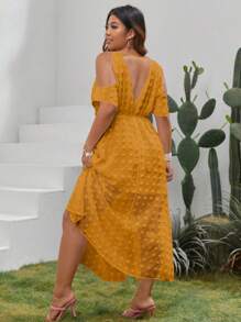 SHEIN VCAY Plus Cold Shoulder Guipure Lace Insert Split Thigh Summer Dress - Yellow - View 2