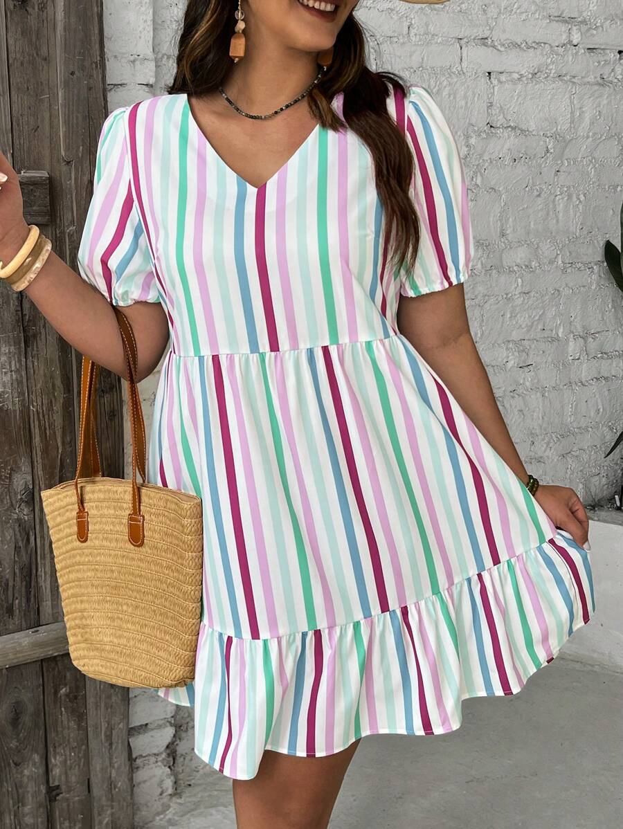 SHEIN VCAY Plus Size Women's Colorful Stripe Print Simple Daily Dress - Purple - View 1