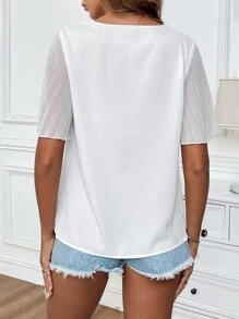 Chiquease Áo sơ mi tay ngắn cổ chữ V màu trơn lưới tương phản mùa hè thường ngày - trắng - Xem 2