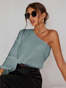 EURMUSE Women's Solid Color One Shoulder Long Sleeve Loose Pullover Sweater - Teal Blue - View 5