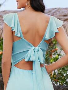 Sexy Lace-Up Backless High Slit Ruffle Hem Bridesmaid Dress - Baby Blue - View 5