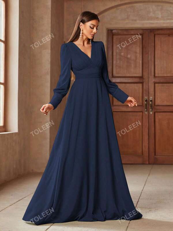 Women's Solid Color Simple V-Neck Long Sleeve Casual Dress