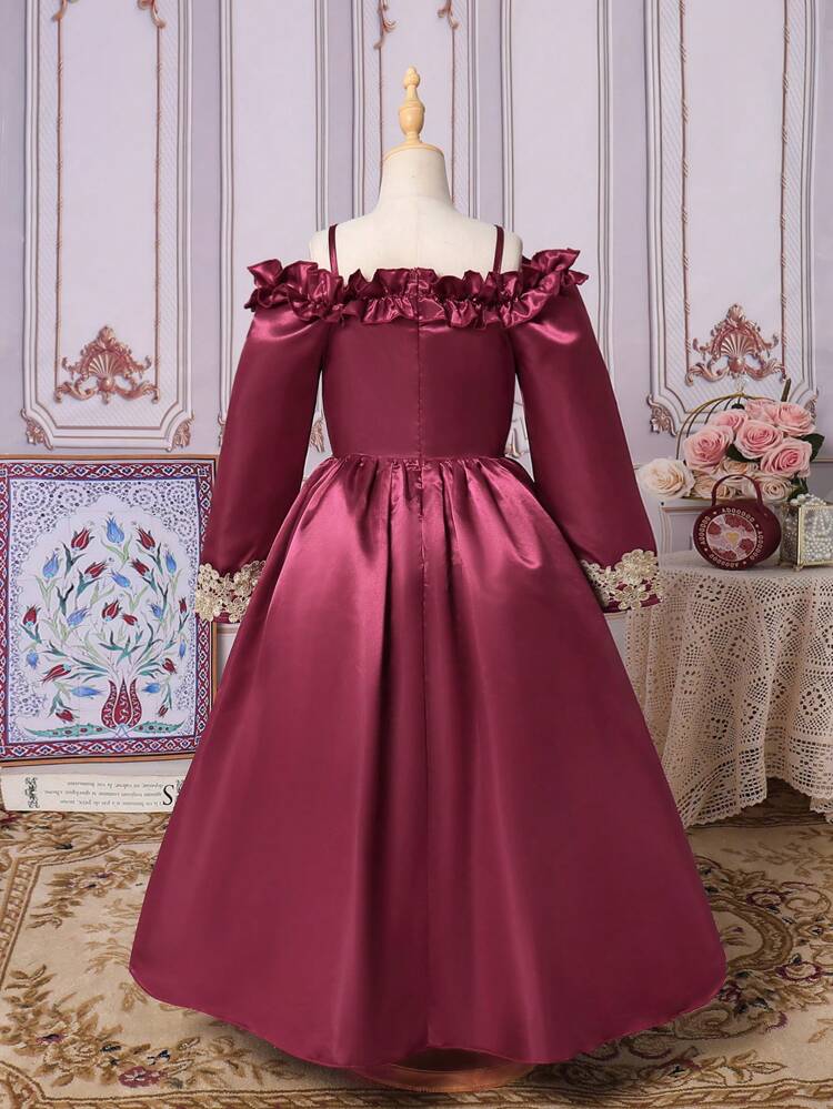 Tween Girl Elegant Red Off Shoulder Long Sleeve Formal Dress, Suitable For Parties, Banquets And Other Occasions