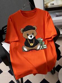 青少年男孩夏季休閒印花熊圖案短袖圓領T恤