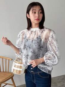 FRIFUL Women Fashion Flower Print Mid Sleeve Shirt Sheer - White - View 11