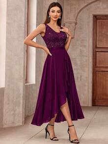 MIUSOL Đầm maxi dự tiệc trang trọng bằng chiffon, cổ chữ V sâu, đính ren và sequin, vạt trước ngắn vạt sau xếp ly, thích hợp cho khách dự đám cưới, lễ tốt nghiệp, dạ hội. - Màu Tím - Xem 5