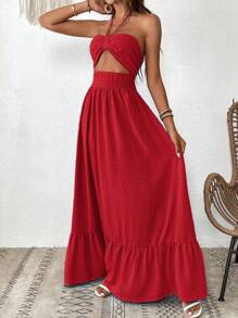 SHEIN VCAY Women's Solid Color Ruffle Trim Halter Neck Casual Vacation Summer Dress - Red - View 6