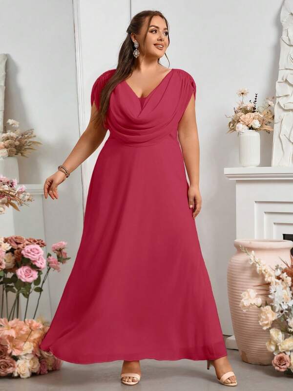 SHEIN Belle Burgundy Red Women's Elegant Chiffon Plus Size Bridesmaid Dress, Long
