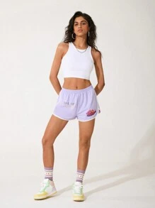 GAWX 艺术家弹性腰部夏季休闲短裤，带有字母和卡通图案，适合夏季、假日、度假、海滩、节日、伊比沙岛装扮、西方服饰 - 紫色 - 查看 5