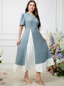 Seusyu Vestido largo de burbuja elegante de estilo árabe de talla grande para mujeres con tejido jacquard, cuello de contraste y manga corta abullonada para verano - Multicolor - Ver 4