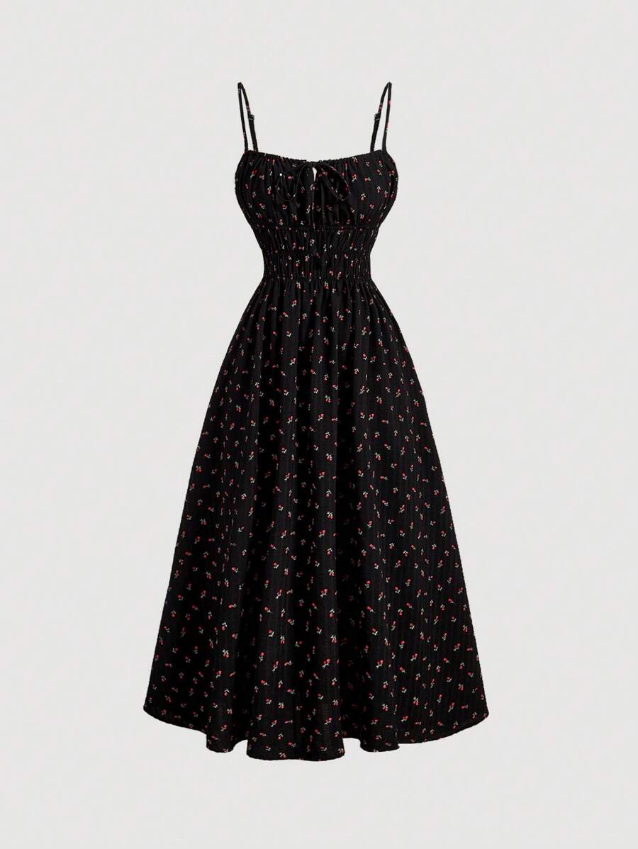 SHEIN MOD Printed Ruched Bust Tie Shoulder Vacation Cami Dress - Black - View 1