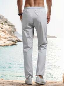 Summer Men's Drawstring Ice Silk Casual Pants With Pockets, For Fall - Light Grey - View 2