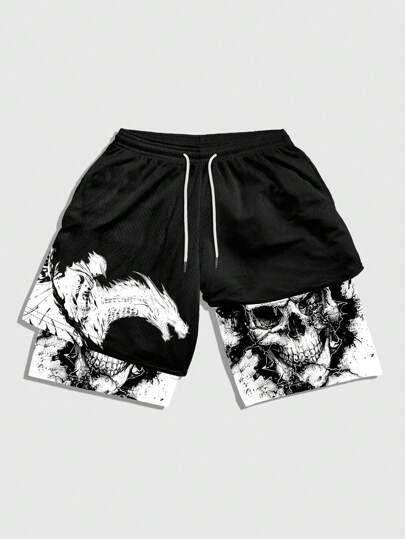 Goth Men's Skull Printed Drawstring Waist Casual Fit Casual Basketball Shorts, School