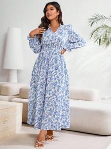SHEIN Clasi Plus Size Women's Casual Printed Simple Daily Dress (Random Pattern) Maxi Women Outfit - Blue - View 3